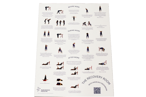Poster displaying The Recovery Room with Angelika Grohmann. Includes images and text around good stretching practice before, during and after work.