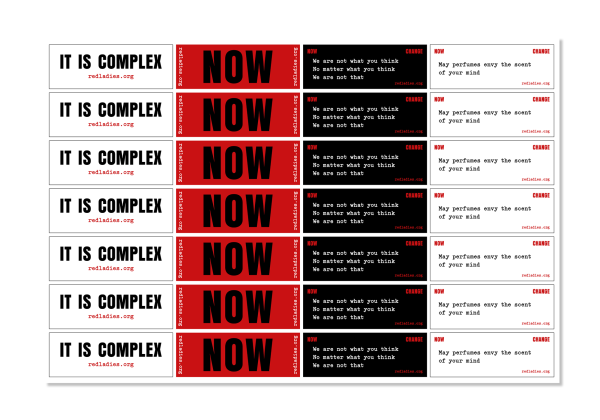 Statement stickers shown from Clod Ensemble's show Red Ladies shown on a A4 landscape page. Stickers have 4 different statements and are printed in red, black and white.