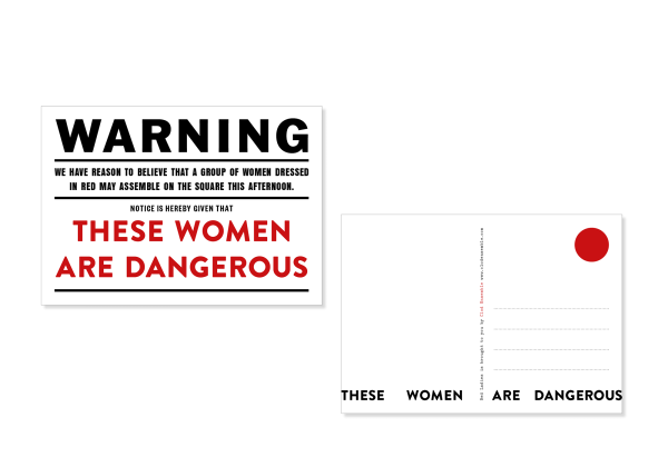 Postcard with warning statement designed for Clod Ensemble's show 'Red Ladies'. Shows front and back of the postcard on A4 landscape.